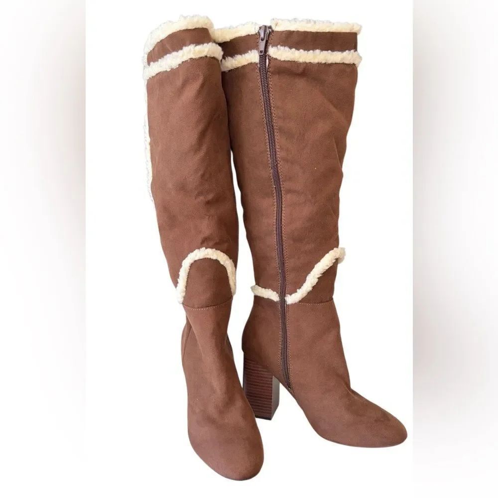 Never worn JustFab Rainsford block-heel boots faux suede & sherpa trim size 7.5